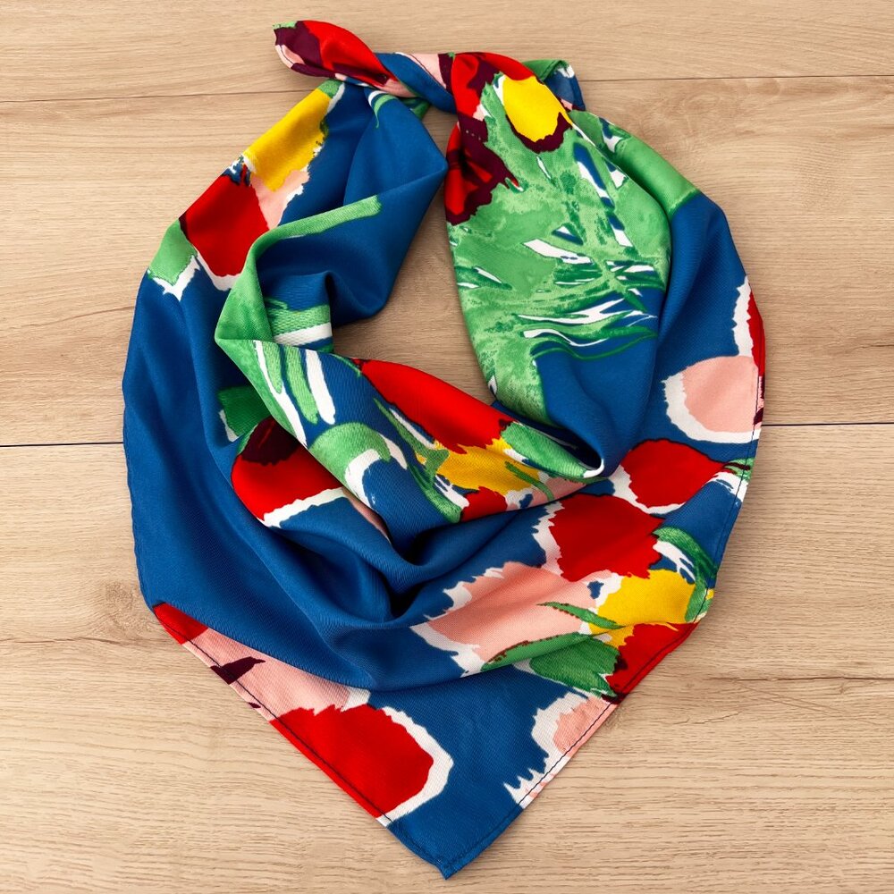 Vintage 80s Colorful Picasso-Inspired Floral Print Square Head or Neck Scarf - Picture 2 of 14